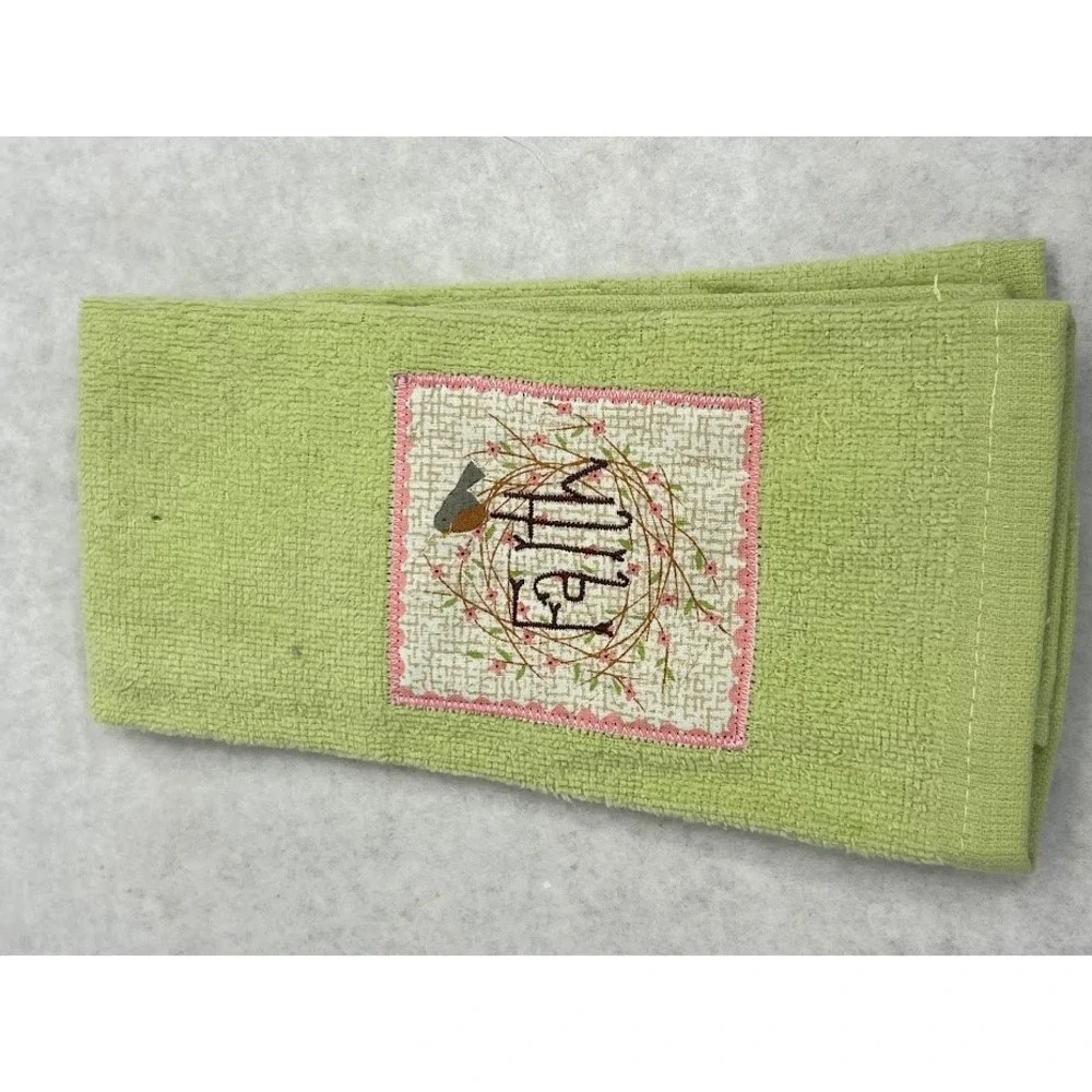 Faith Embroidered Hand Towel Sage Green Terry Cloth Bird Floral Kitchen Bath